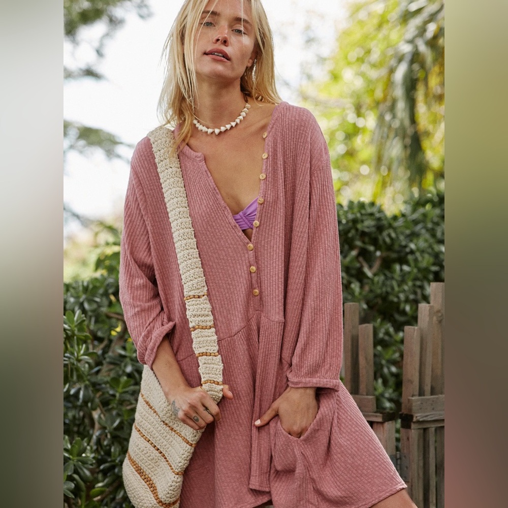 Free People Beach Blossom Dusty Rose Women Oversized SMALL Bohemian Ribbed Dress